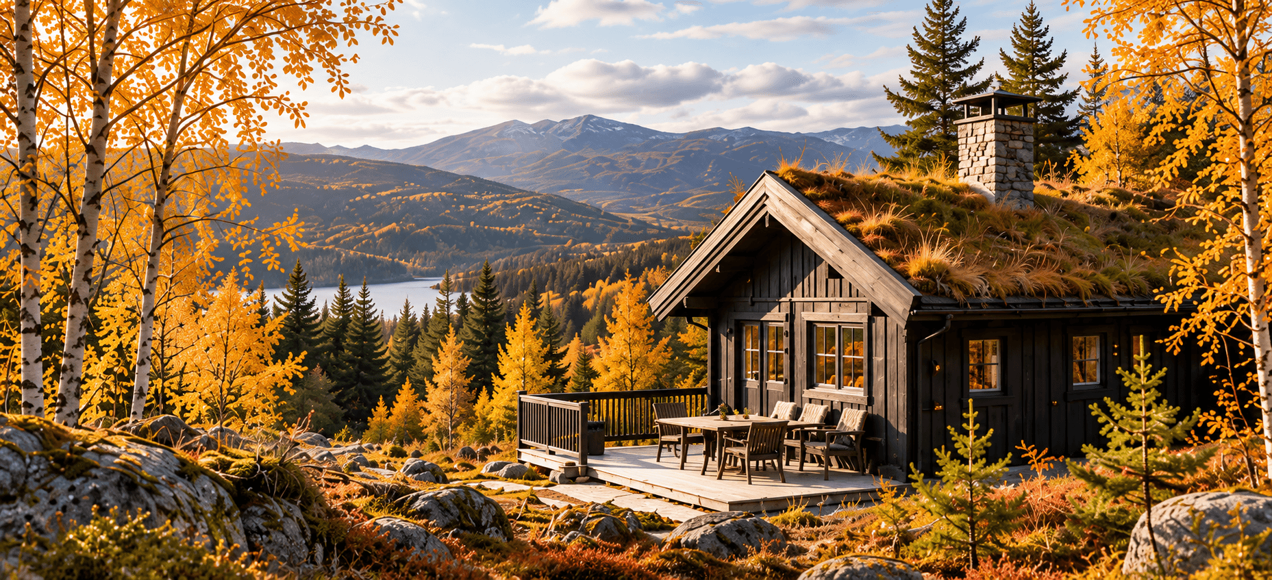 A wooden turf-roof cabin among golden autumn birches, overlooking a Norwegian mountain valley